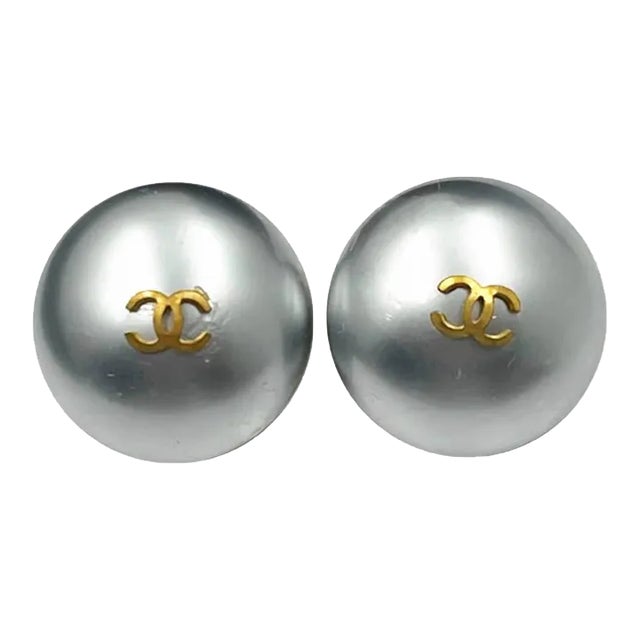 Chanel Vintage Gold Plated CC Light Blue Pearl Large Clip on Earrings - 2 Pieces For Sale