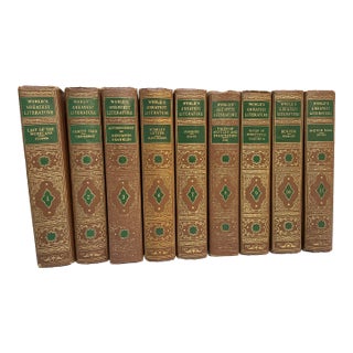 1930s Vintage Brown & Gold Tooled Worlds Greatest Literature Set of Decorative Books- 9 Pieces For Sale