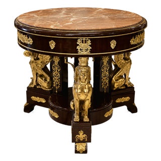 Grand Italian Neoclassical Center Table – Hand-Carved Wood, Marble Top, Gold Leaf & Bronze Sphinx Details For Sale