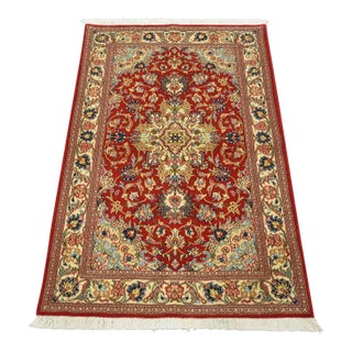 Fine Qom Rug 3’4” X 4’11” Red Wool/Silk Traditional Hand-Knotted Carpet For Sale