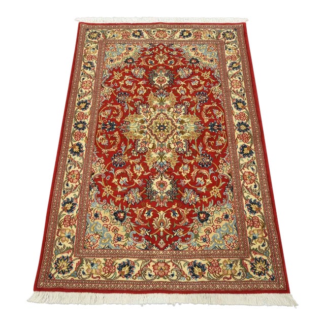 Fine Qom Rug 3’4” X 4’11” Red Wool/Silk Traditional Hand-Knotted Carpet For Sale