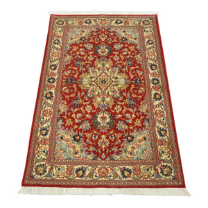 Fine Qom Rug 3’4” X 4’11” Red Wool/Silk Traditional Hand-Knotted Carpet