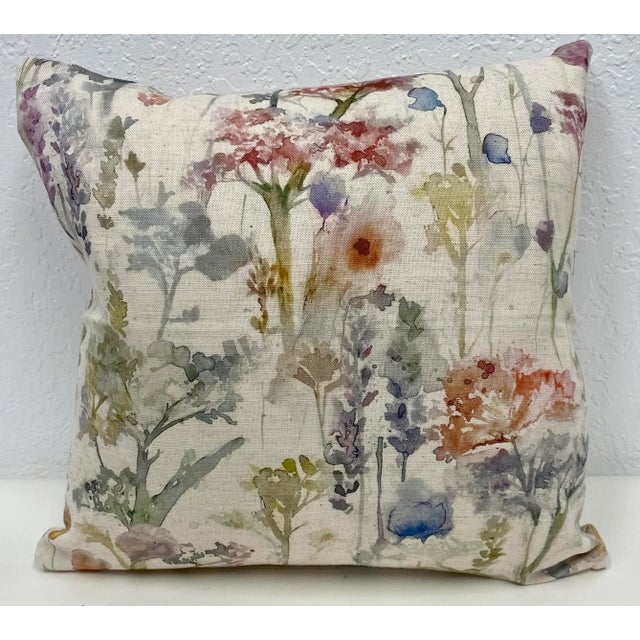 16" Square Pillow With a Watercolor-Look Pattern Depicting Pink, Coral & Purple Trees & Flowers - Made in Uk. For Sale - Image 11 of 11
