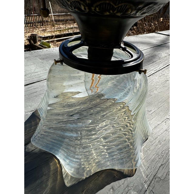 Vintage Semi-Flush Brass Ceiling Fixture With Vintage Opalescent Shade For Sale - Image 4 of 5