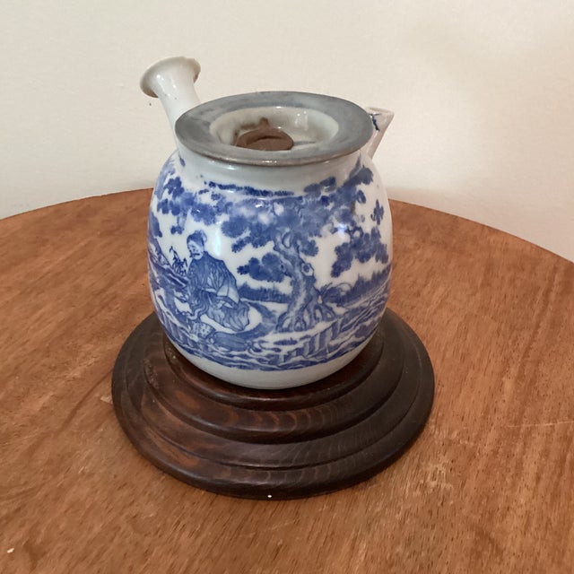 Antique Japanese Kyushu Side-Handle Porcelain Teapot/ Shanshui Scene and Calligraphy Surguch Stamp Wood Base For Sale - Image 12 of 12