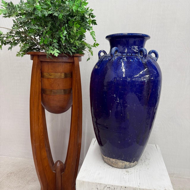 Deep Blue Glazed Ceramic Storage Jar with Small Loop Handles For Sale - Image 4 of 10