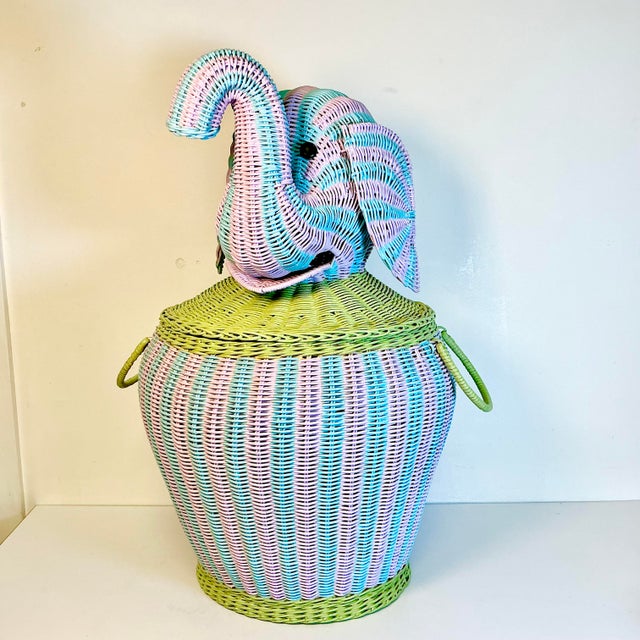 Vintage Home is pleased to offer this Vintage Wicker Elephant Basket that has been painted by American artist Jen Lee.,...