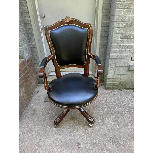 20th Century Vintage French Louis XV Style Brass Nail Studded Upholstered Vinyl Executive Office Chair For Sale - Image 9 of 15