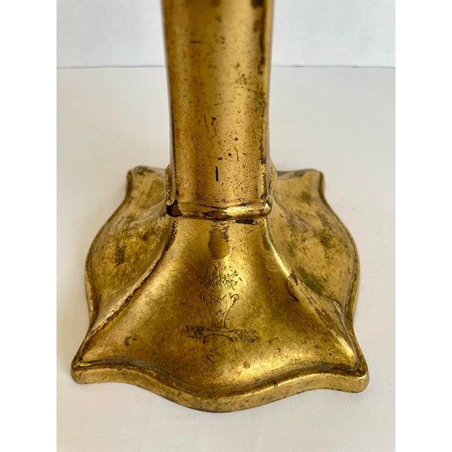 Antique Art Nouveau Gilt Metal Trumpet Altar Vase With Floral Relief For Sale - Image 4 of 14
