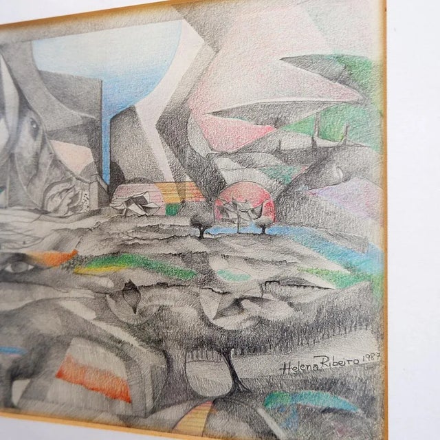 The drawing depicts an abstract or surreal scene, a dreamlike landscape characterized by organic forms and stylized...
