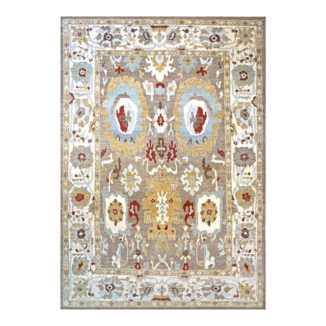 21st Century Afghan Sultanabad Master Wool 10x14 Tan, Light Blue & Ivory Handmade Area Rug #1143285 For Sale