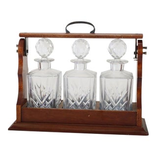Antique Oak Tantalus With 3-Art Glass Spirit Decanters C1920 For Sale