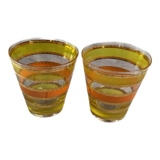 Vintage Culver Ltd 22 Carat Gold Lime Green and Orange Barware Glasses- a Pair For Sale