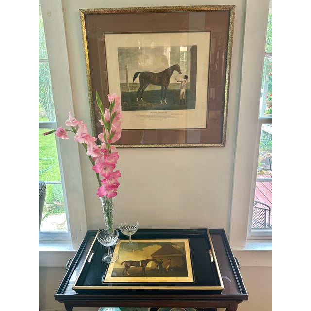 Vintage Abercrombie & Fitch English Black Lacquer Wood Serving Tray With George Stubbs “Eclipse” Equestrian Print For Sale - Image 10 of 13