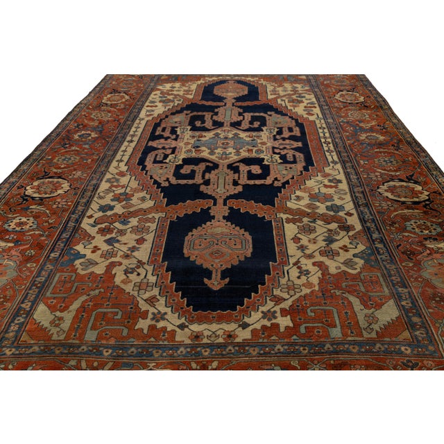 Blue 1880s Antique Persian Serapi Blue Wool Rug Featuring a Medallion Design For Sale - Image 8 of 10