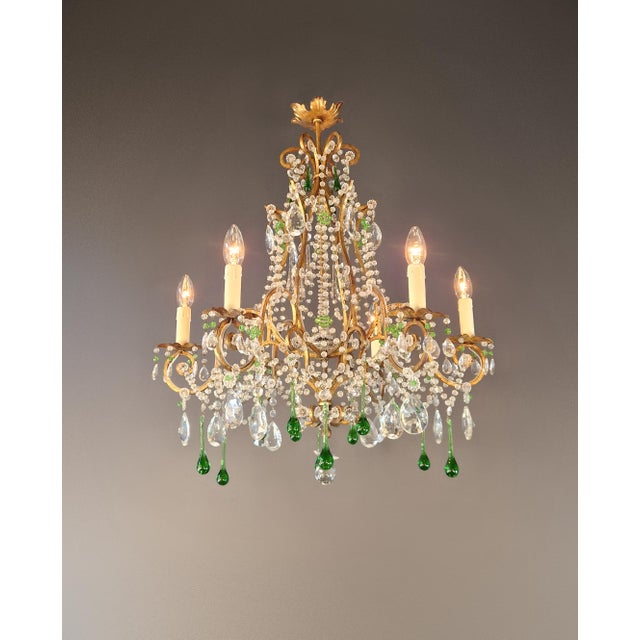 Art Deco 1940s Italian Rococo Revival Crystal Chandelier With Emerald Green Drops 6 Lights For Sale - Image 3 of 13