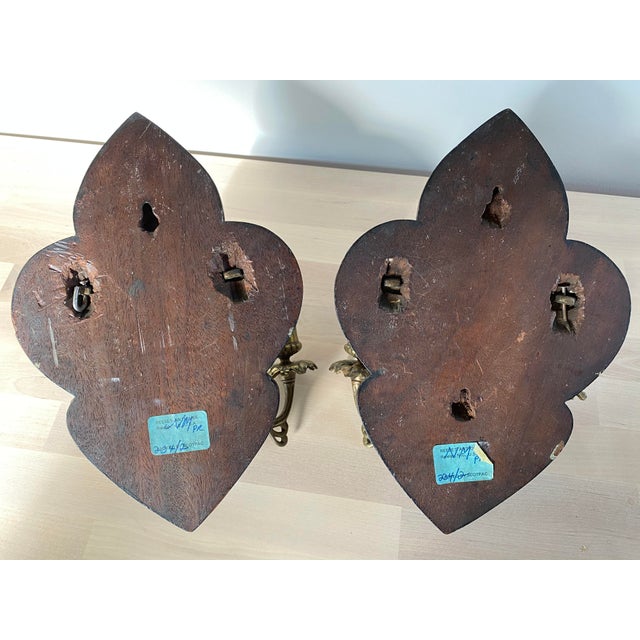 Wood Late 19th Century Victorian Fleur De Lis Ebonized Walnut and Brass Candle Sconces - a Pair For Sale - Image 7 of 8