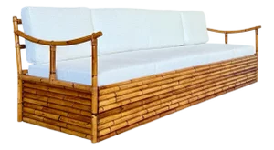 Mid-20th Century Monumental Restored Stacked Rattan Sofa With Custom Upholstery & Hidden Storage