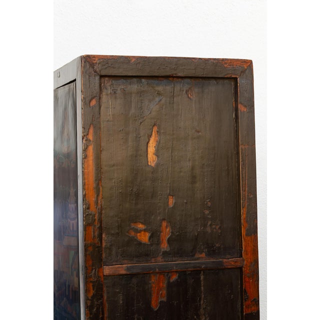Antique Chinese Black Lacquer Armoire W/Painted Landscape For Sale In Los Angeles - Image 6 of 12