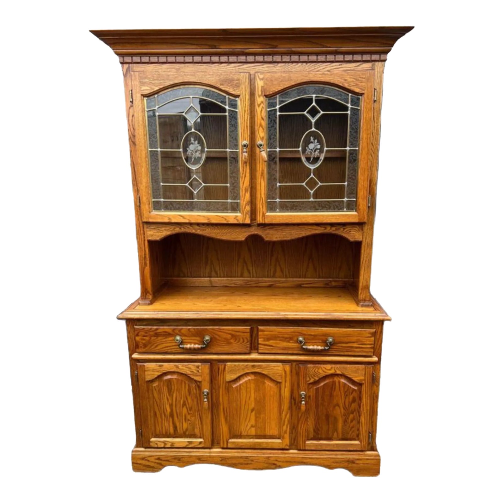 Mid 20th Century Vintage Solid Oak TwoPart Leaded Glass Hutch