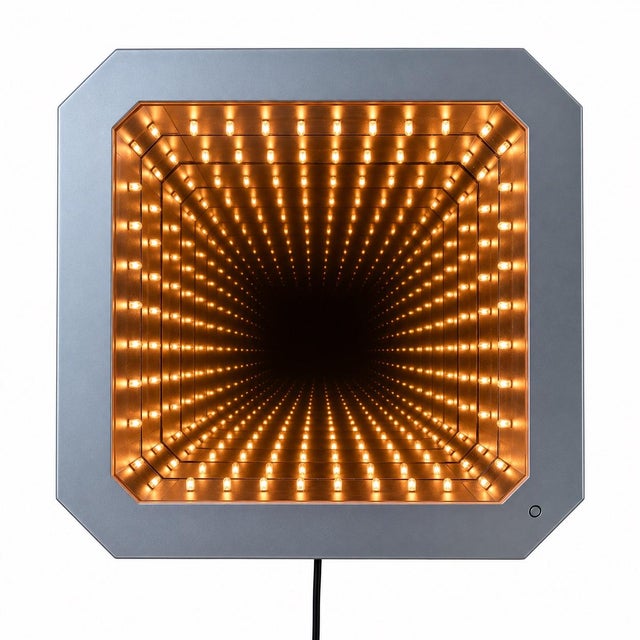 Striking Balyun Technologies SIL-2002 infinity mirror wall light featuring a mesmerizing receding tunnel of warm amber...