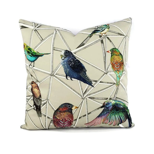 Scattered Rainbow Birds on Geometric Osborne and Little Aviary Fabric in Multi Pillow Cover - 20" X 20" - a Pair For Sale - Image 10 of 11