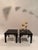 Chic pair of square black tooled leather end tables having gold embossing and fret work with Asian flair. Look great...
