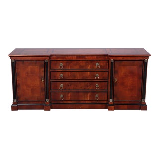 A Yew Wood Empire Style Sideboard or Credenza by Century. The Case Has Ebonized Columns Flanking the Doors and Lion Head Brass Drawer Pulls. For Sale