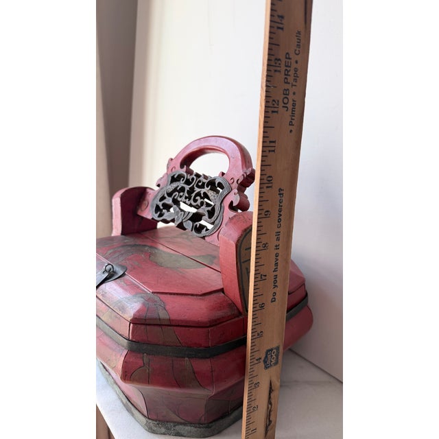 Antique Chinese Red Wooden Wedding Bridal Box For Sale - Image 10 of 13