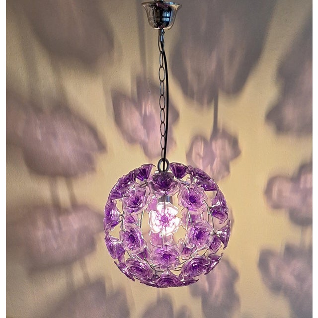 Vintage Spherical Ceiling Lamp with Chrome-Plated Metal Frame and Purple Plastic Flower Trim For Sale - Image 3 of 8