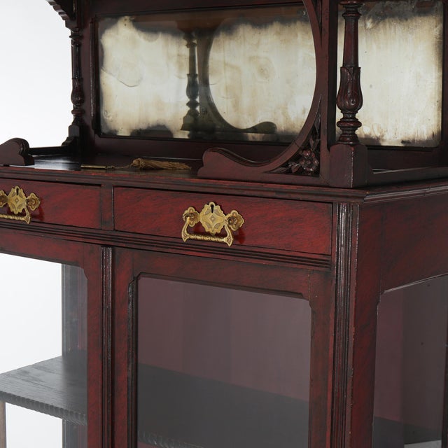 Antique Carved Mahogany Two-Door & Two-Drawer Mirrored China Cabinet C1910 For Sale - Image 4 of 10