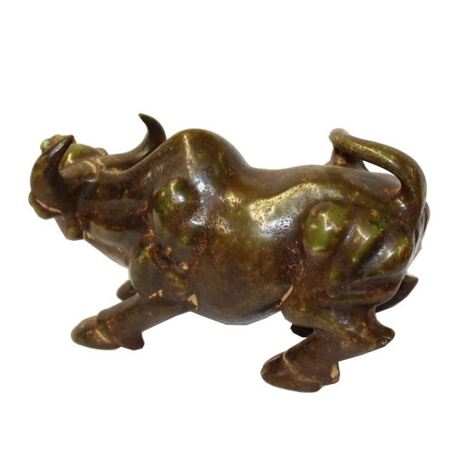 Chinese Green Brown MIX Stone Carved Ox Cow Display Figure For Sale - Image 4 of 4