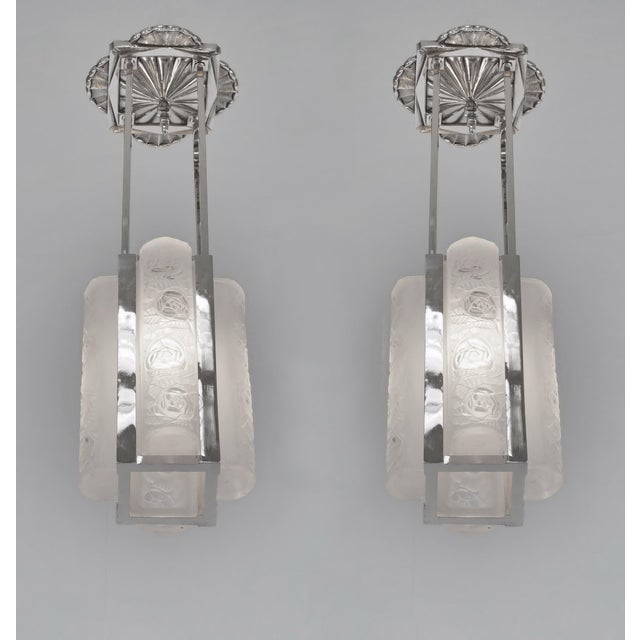 David Gueron Degue Degue Pair of French Art Deco Nickel Bronze Floral Pendant Lights - 1930s For Sale - Image 4 of 13