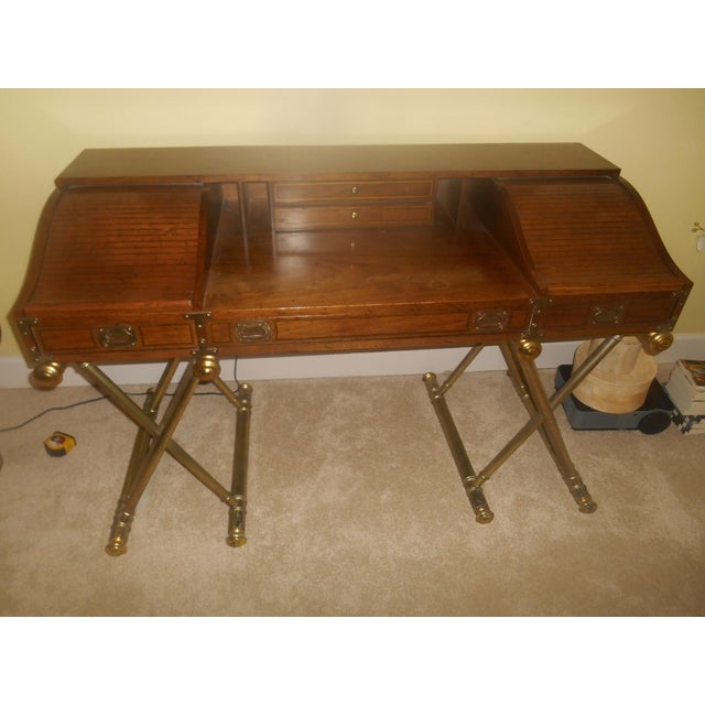 Wood Vintage 1970's Drexel Oxford Square Campaign Style Desk Faux Brass Legs For Sale - Image 7 of 11