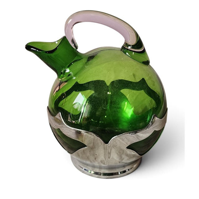 Antique Art-Deco Farber Brothers Krome Kraft Cambridge Green Glass & Chrome Decanter W/ 5 Glasses For Sale - Image 4 of 10