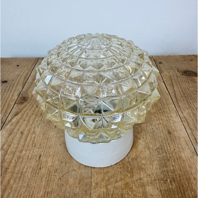 Industrial Vintage White Porcelain and Glass Ceiling Light, 1970s For Sale - Image 3 of 13