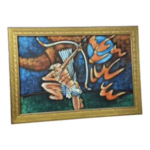 Vintage Postmodern Cubist Style Figurative Signed Acrylic Original Painting by Rystron, Framed