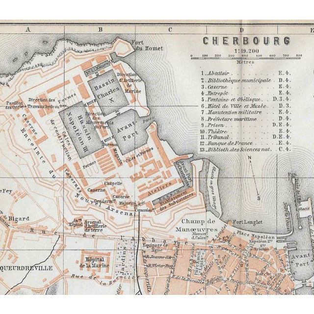 Antique French map of the coastal city of Cherbourg.