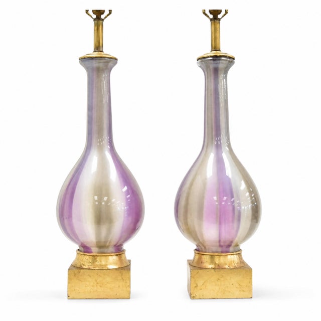 Mid-Century Modern Mid-Century Modern Italian Blown Glass Table Lamps With Giltwood Bases, Pair For Sale - Image 3 of 5