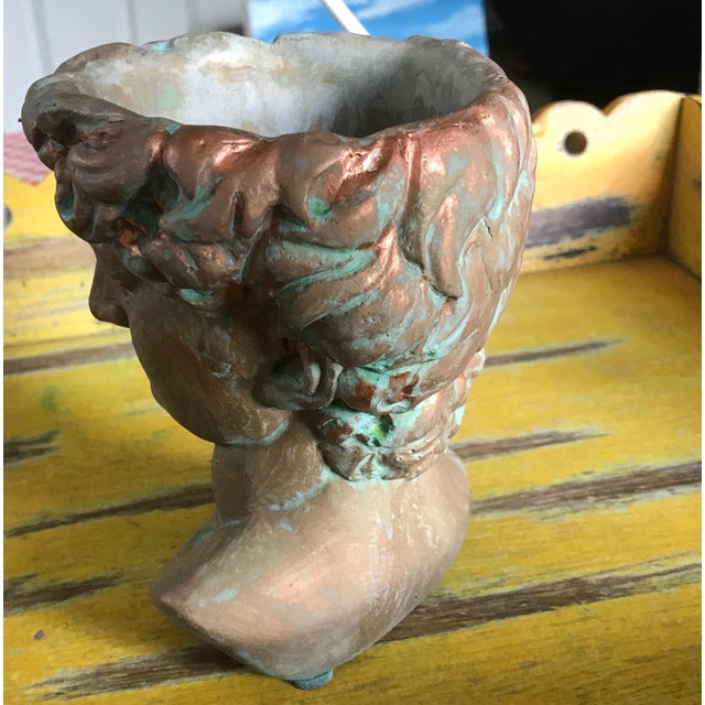 Flower Girl Kissing Bust Copper Patina Indoor Outdoor Head Planter For Sale - Image 12 of 15