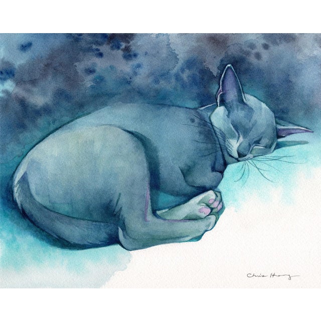 Nestled in Blue by Chris Hong | Watercolour on paper of a sleeping blue cat For Sale - Image 4 of 4