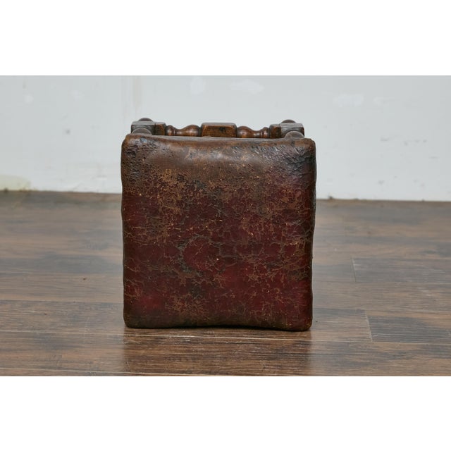 Wood 19th Century English Oak Footstool with Leather Seat and Turned Legs For Sale - Image 7 of 9