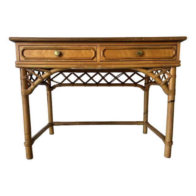 Vintage Coastal Ficks Reed Faux Bamboo Rattan Desk With Chair For Sale