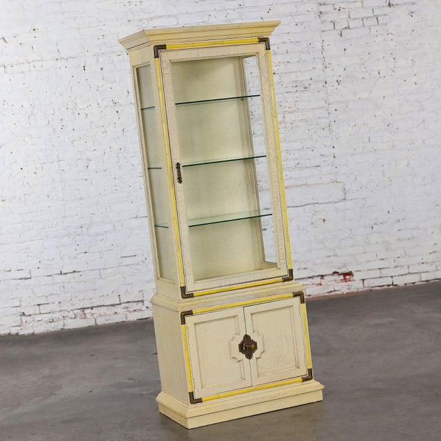 Campaign Late 20th Century Asian Chinoiserie & Campaign Style Lighted Narrow Display Cabinet Style of Drexel For Sale - Image 3 of 12