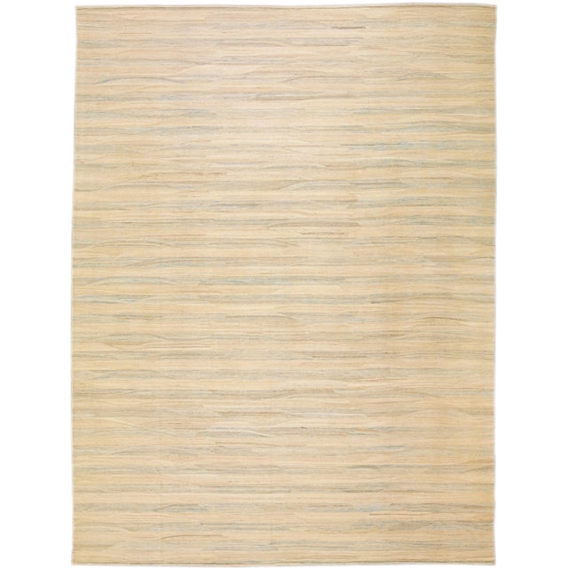 Beige Modern Kilim Handmade Abstract Striped Motif Flatweave Oversize Wool Rug For Sale - Image 10 of 10