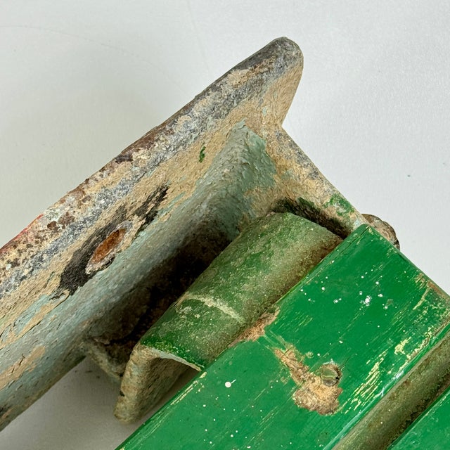 Industrial Salvaged Vintage Wall Mounted Green Painted Wood Slats & Iron Fold Down Shelf/Bench For Sale - Image 4 of 12