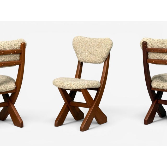 Wood Danish Modern, Brutalist Dining Chairs, Pine, Shearling, Denmark, 1960s For Sale - Image 7 of 11