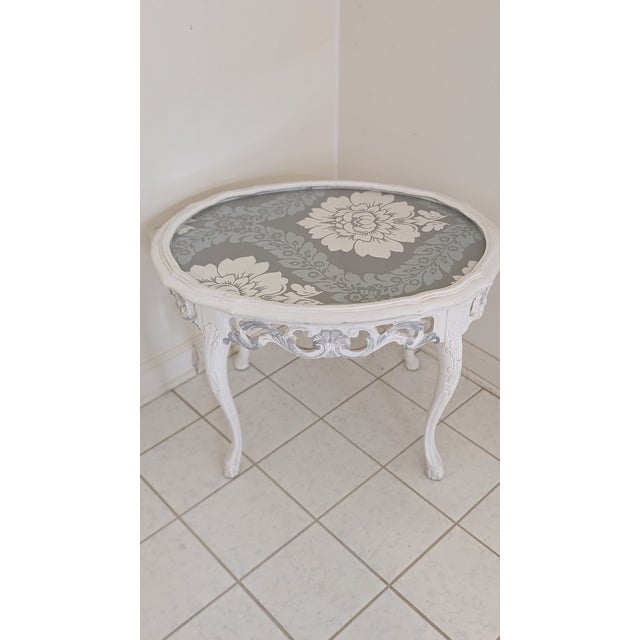 Adorable Hand Painted French Style Coffee Table/ Side Table featuring Lovely Grey & White Wallpaper underneath the...