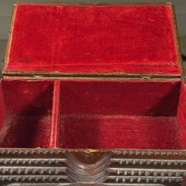 Antique Folk Art Tramp Art Box on Pedestal Base With Red Velvet Lining For Sale - Image 10 of 10