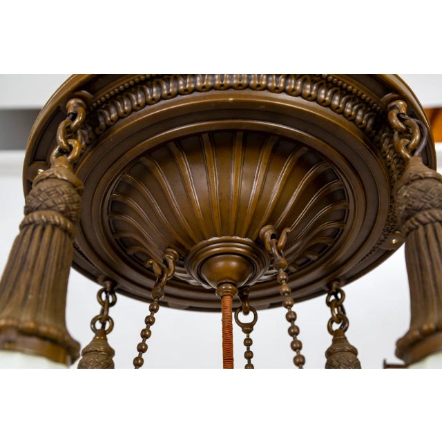 Metal Early 20th Century Brass & Milk Glass Pan Style Chandelier W/ Rope & Urn Details For Sale - Image 7 of 13